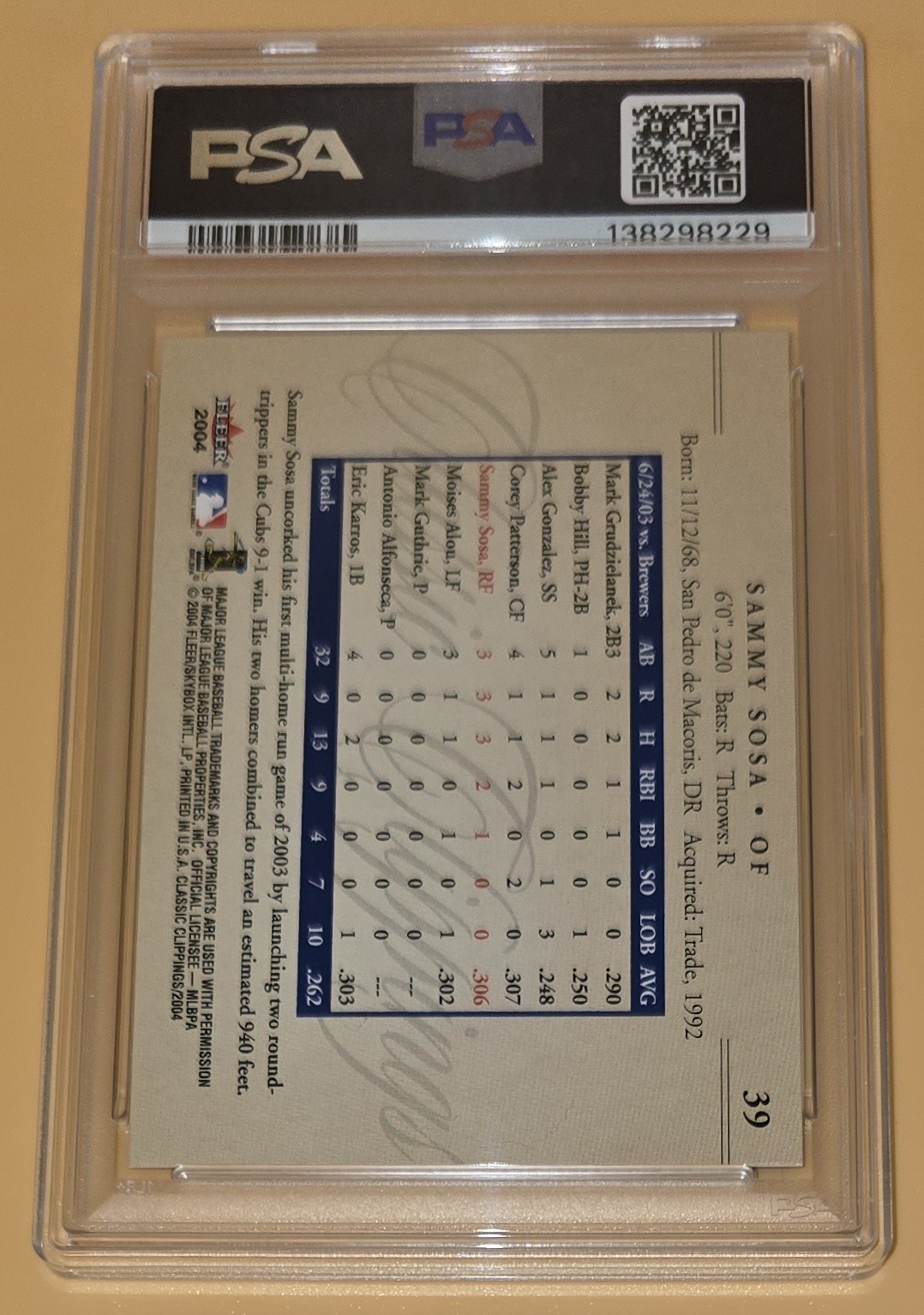 Sammy Sosa PSA 10 Low Pop 2004 Fleer Baseball Classic Clippings Chicago Cubs view 9