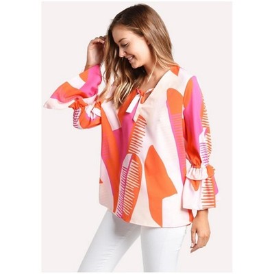 Crosby Mollie Burch Women s Sz L Orange Pink Print Loren Blouse Top Ruffle Cuffs