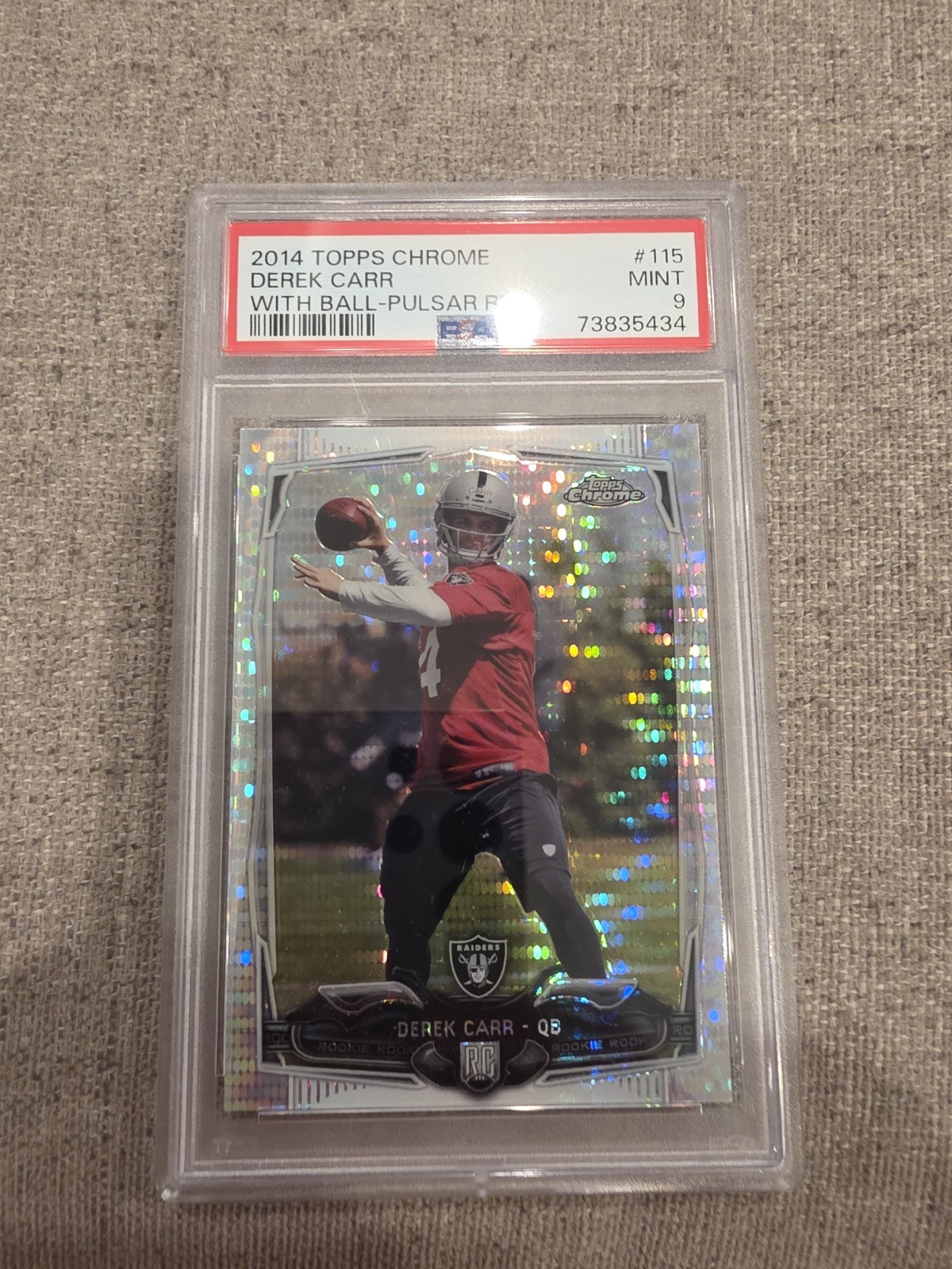 2014 Topps Chrome Derek Carr With Ball Pulsar Refractor Rookie PSA 9