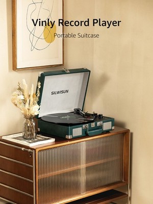 Green Vinyl Record Player 3 Speeds Portable Suitcase Turntable