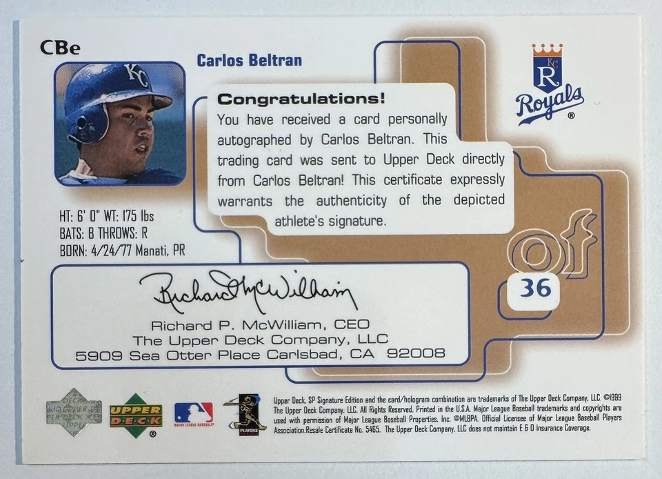 1999 Upper Deck SP Signature Edition Carlos Beltran autógrafo #CBE - Imagem 2 de 2