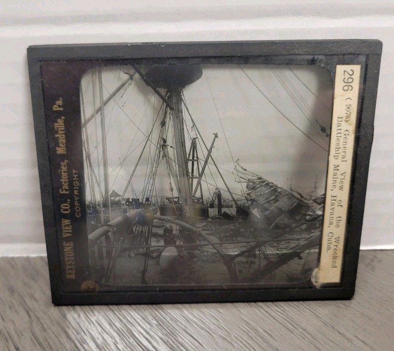 Antique Glass Photo Military Wrecked Battleship Maine Cuba Keystone View Co.RARE