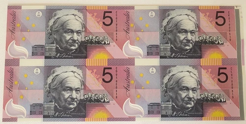 2001 Uncut Block of  4 Four Five Dollar Notes Centenary of Federation unc