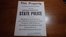 VINTAGE MASSACHUSETTS STATE POLICE POSTER 1960'S COMMISSIONER L.L LAUGHLIN