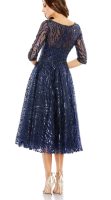 MAC DUGGAL 2025 HIGH NECK ABOVE ELBOW SLEEVE EMBELLISHED ALINE NAVY MIDI  DRESS 2 | eBay
