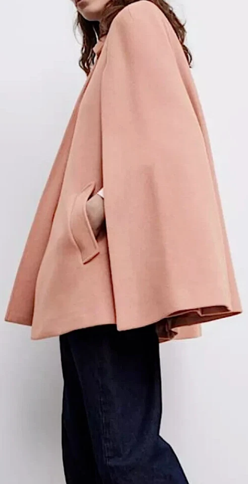 Zara Swing Cape Poncho Salmon Pink Side Slits Soft Lined XS Coat Ref: 8491/332