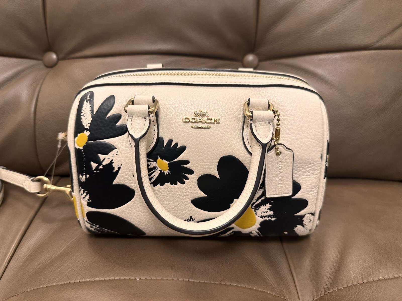 Coach Mini Rowan Satchel in Chalk Leather with Black Floral Detail Crossbody Bag NWT $378