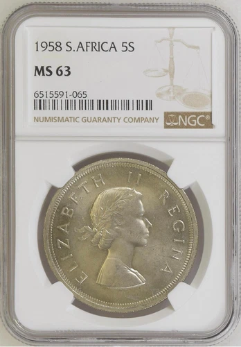 SOUTH AFRICA 5 Shillings 1958, NGC MS 63 Choice UNC, Lustrous QEII Crown. .E2