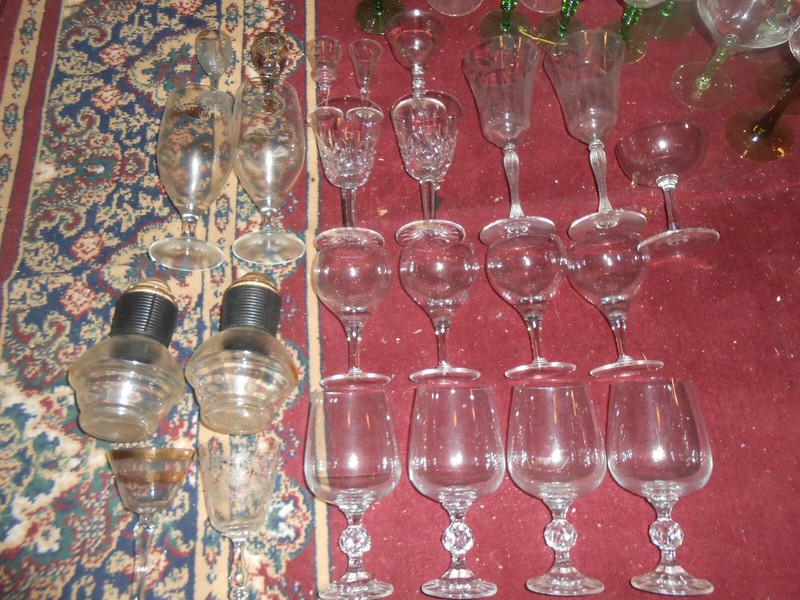 '50s-60s 45 Crystal Wine Liquor Whiskey Cocktail Glasses Goblets Deco Carafes NR