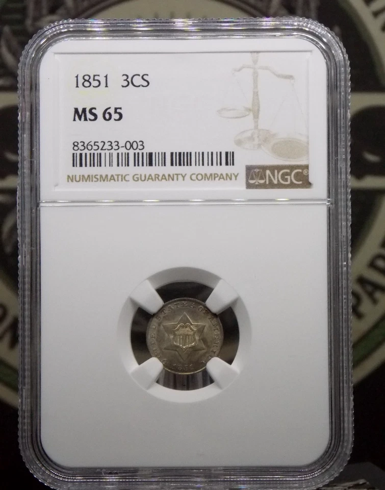 1851 Three Cent SILVER Piece **OBSOLETE** 3CS NGC MS65 Gem BU Unc ECC&C, Inc. - Image 3 of 4
