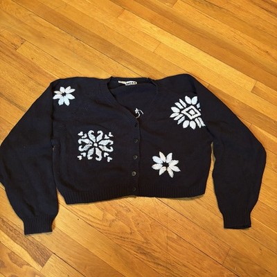 Vintage 90 s MEXX Women s Black Cardigan Sweater Top Black White Art Design S￼