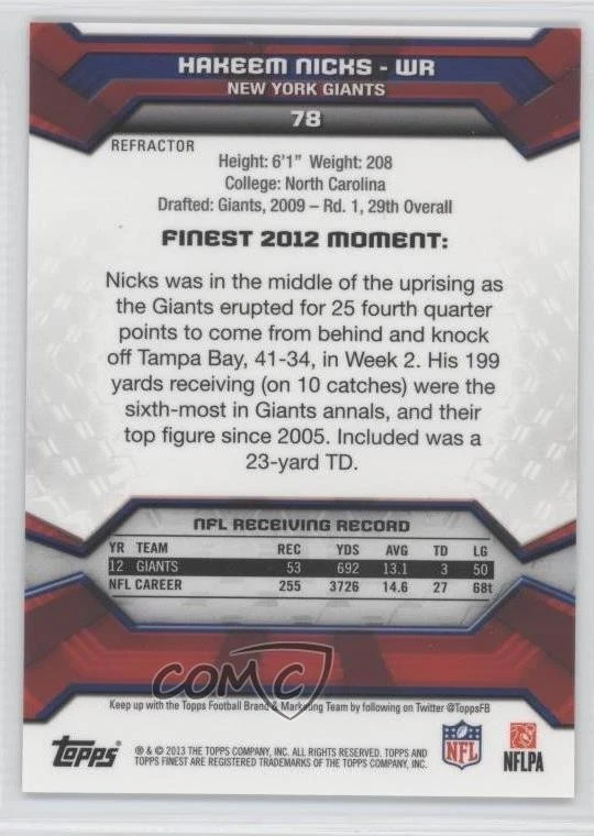 2013 Topps Finest Blue Refractor /99 Hakeem Nicks #78 - Image 2 of 2