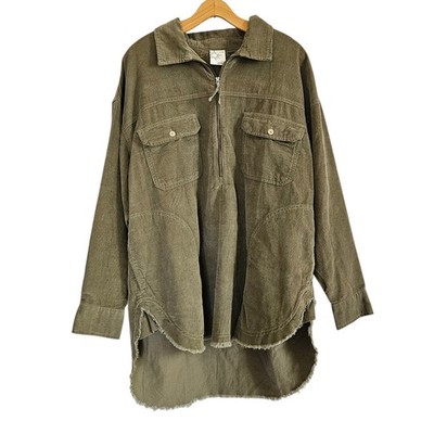 Offline Aerie Corduroy Half Zip Pullover Green Goblincore Frayed Hem Oversized