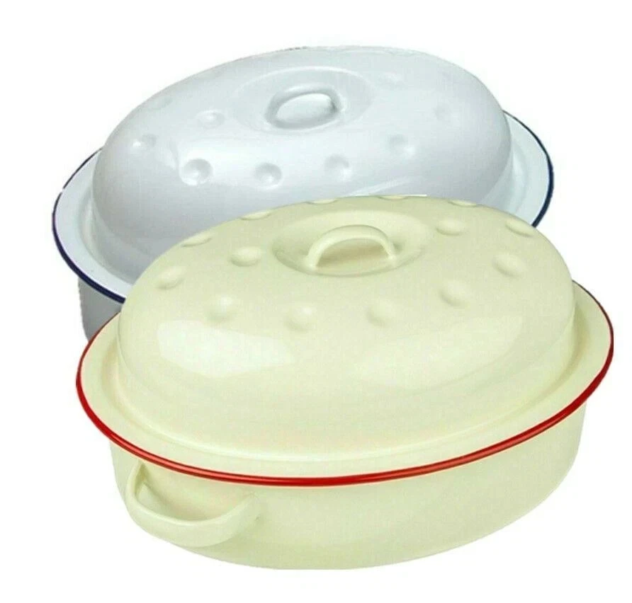 26CM Oval Roaster Dish Roasting Oven Tray Casserole Pan White Cream & lid UK