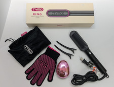 TYMO Ring Hair Straightener Comb Brush Iron Complete Kit w/ Box Glove Clips Pink