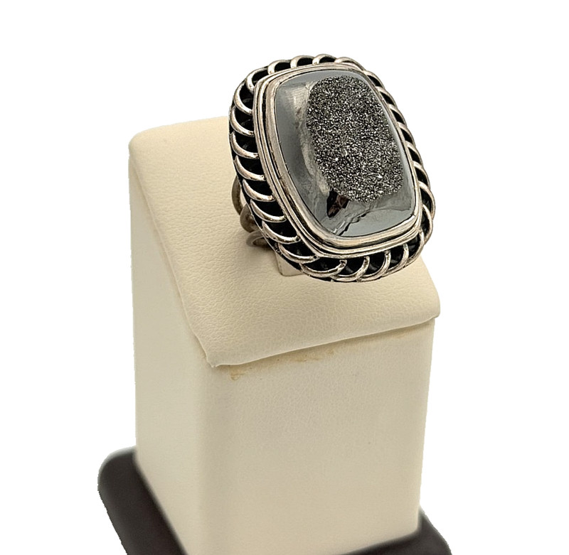 925 Sterling Silver Chrome Druzy Quartz Ring - Size 8