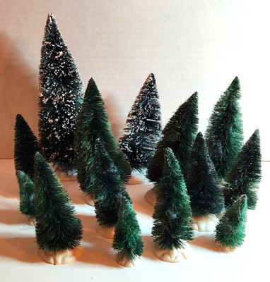 Green & Flocked Bristle Bottle Brush Trees Mini to Tall Lot of 1 4 for villages