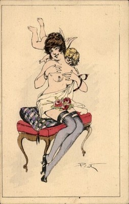 Künstler Ak Barbusige Frau, Erotik, Amor - 11197490