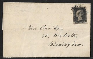 GREAT BRITAIN PENNY BLACK HANDSWORTH PYP/#15 COVER 1841 CV$11.000