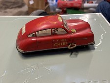 Vintage 1950s Cortland Toys Tin Litho Wind Up Toy Red Fire Chief Car Made in USA