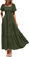 Womens Summer Puff Short Sleeve Maxi Dress Square Neck Smocked Tiered Ruffle a L