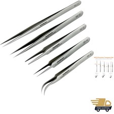 Precision Tweezers, 5 PCS Stainless Steel, Non-Magnetic, Heat Resistant, Curv...