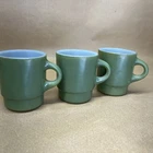VTG Fire King Anchor Hocking Glass Avocado Green Stackable Coffee Mugs Set of 3