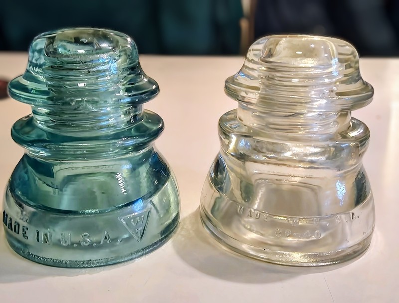 Antique Lrg Glass Insulators Green Whitall Tatum #1 & Clear Hemingray#45 USAMADE