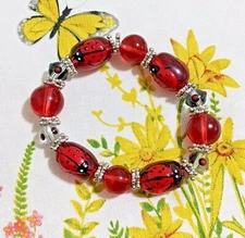 Ladybug Bracelet Spring Garden Red Bracelet for Women Beaded Stretch 