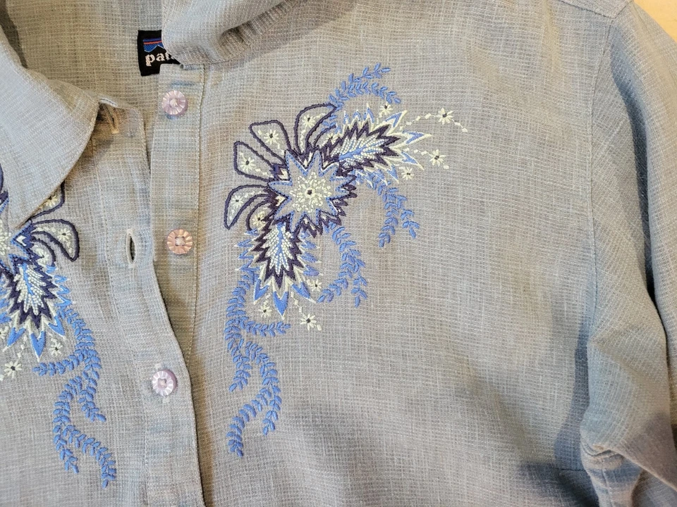 Patagonia Womens L Blue Embroidered Floral Hemp Blend Tunic Blouse Dulce - Image 4 of 4