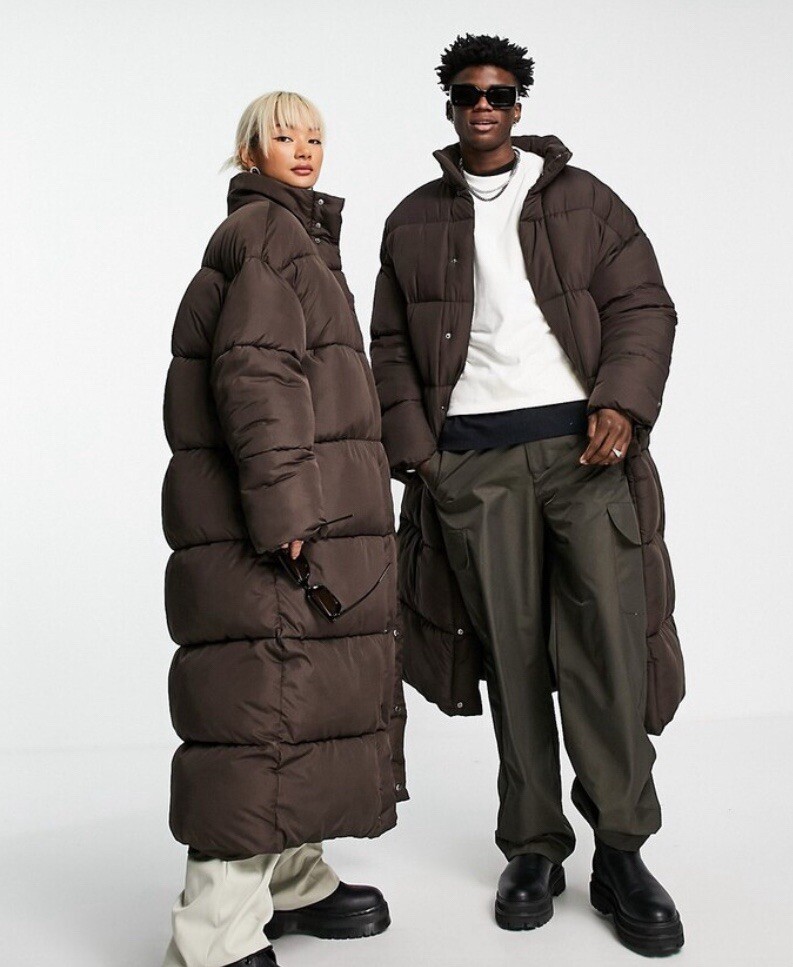 COLLUSION Unisex maxi puffer jacket with hood brown NEW with TAGS