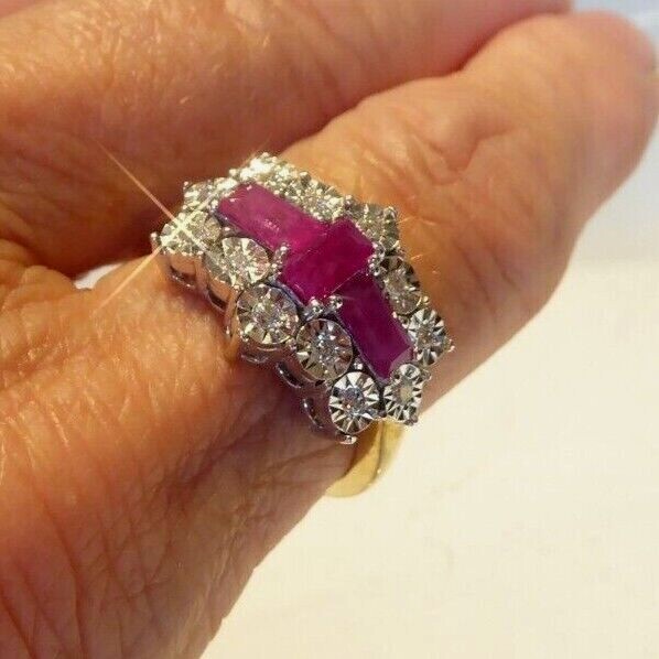Solid 9ct Gold Real Diamond & Ruby Art Deco Inspi… - image 6
