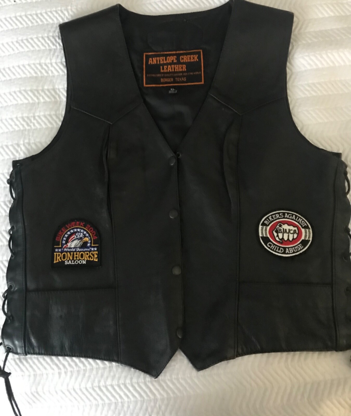 Black Leather Men's Biker Vest W/Patches Texas Flag S… Gem