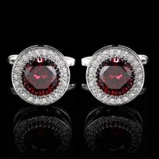 14K White Gold Plated 2.10Ct Round Lab Created Red Garnet Men Wedding Cufflink