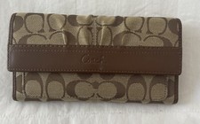 Coach Brown Canvas  Leather Trifold Wallet Snap Closure Zip Pocket