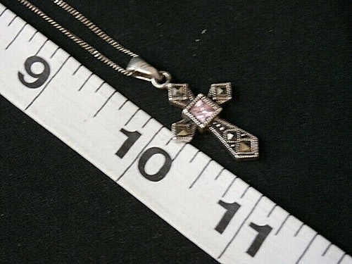 Vintage Sterling Silver Artisan Pink Topaz/ Marcasite Cross Necklace. #1674 - Picture 5 of 6