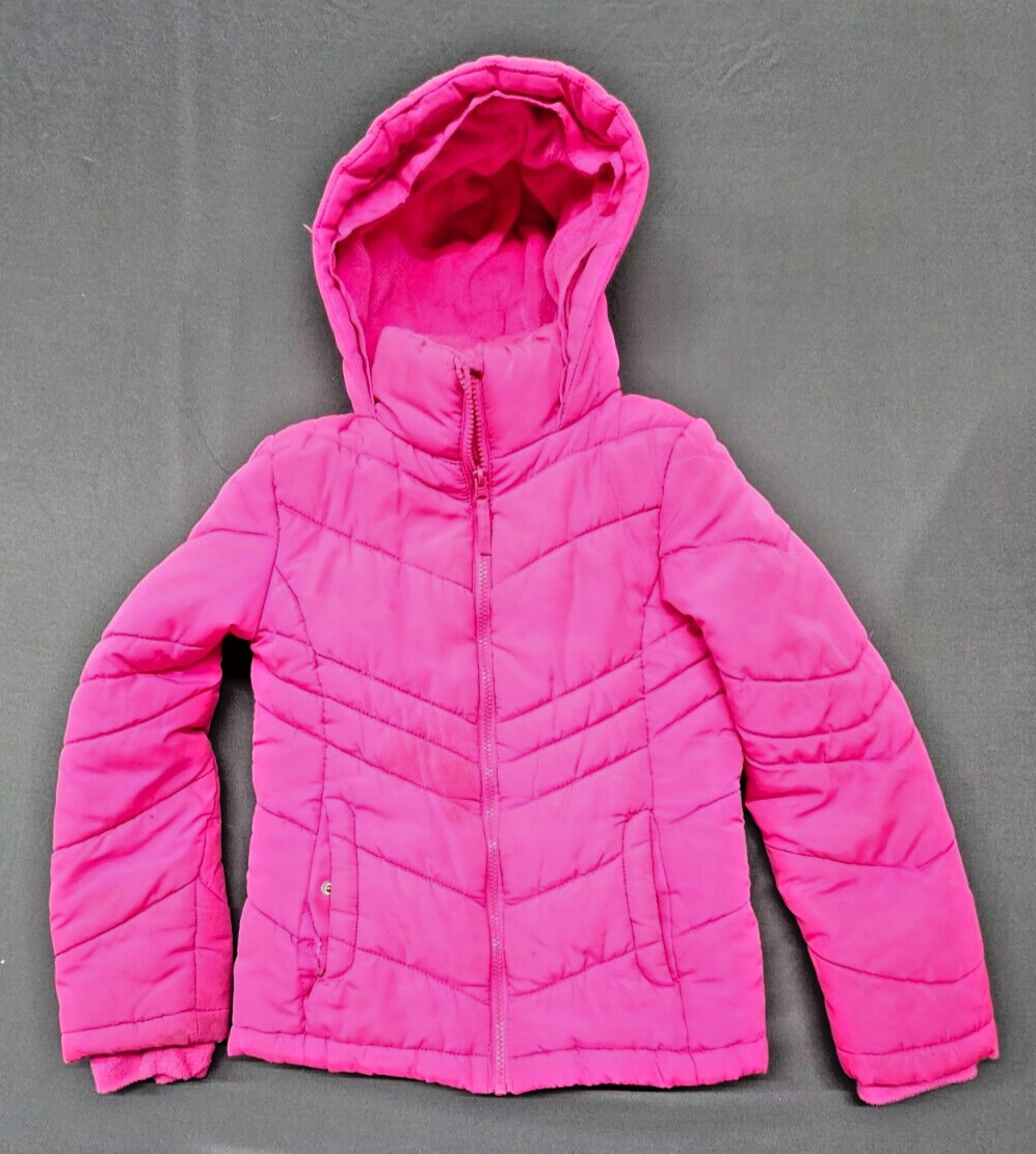 SO Puffer Jacket Girls 7/8 Hooded Hot Pink Faux Fur Lining Long Sleeves  Stains