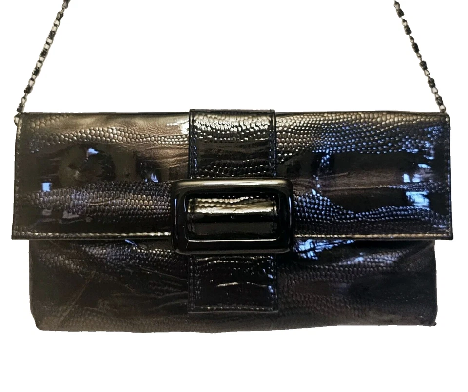 Jessica McClintock Black Patent Evening Fold Over Flap Bag w Chain Strap - Image 2 of 4
