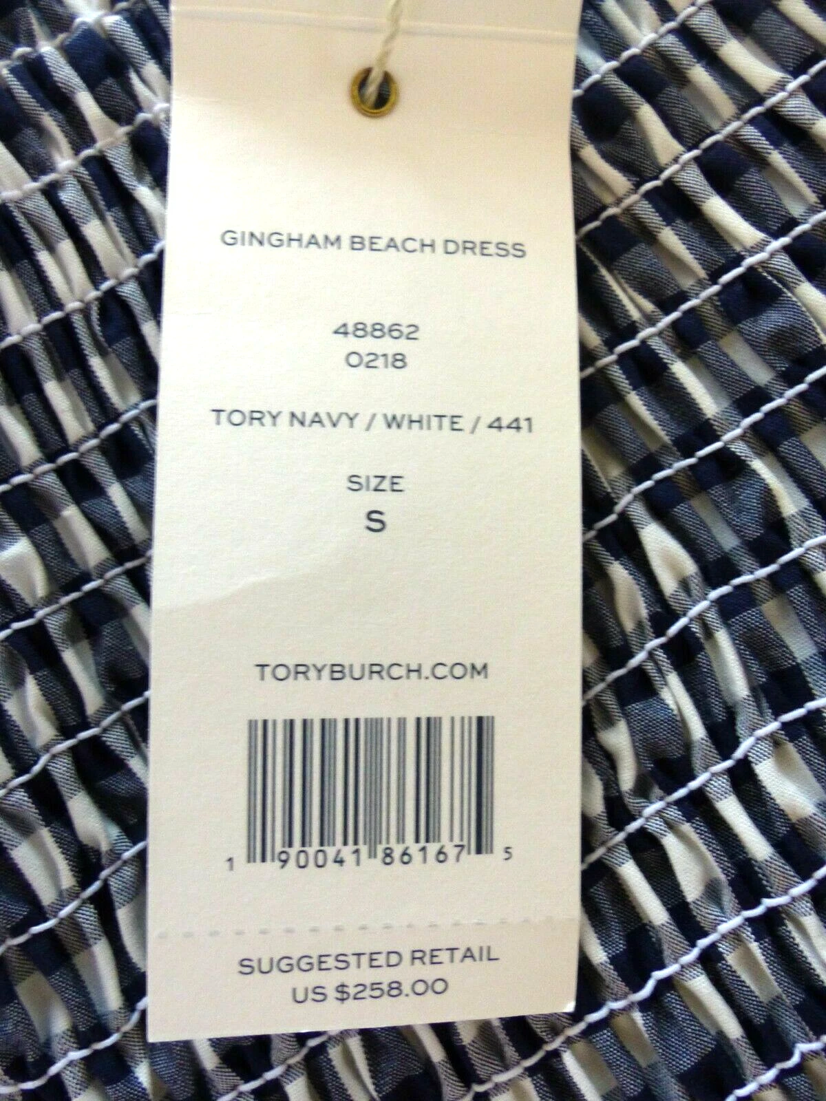 Abito da spiaggia TORY BURCH Gingham con occhielli Tory blu navy bianco taglia SMALL nuovo con etichette $258