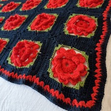Vtg Handmade Crochet 3D Red Rose Afghan Blanket Granny Square 57x57 Soft