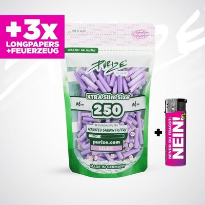 PURIZE Xtra Slim Size LILAC Aktivkohlefilter Ø 5,9mm 250 stk. + Papers + Feuer