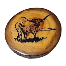 VINTAGE 1970s Texas Longhorn WESTERN WOODEN ARTWORK 3" BELT BUCKLE