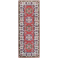 2'1"x6' Red Kazak with Tribal Design Hand Knotted Soft Wool Runner Rug R500