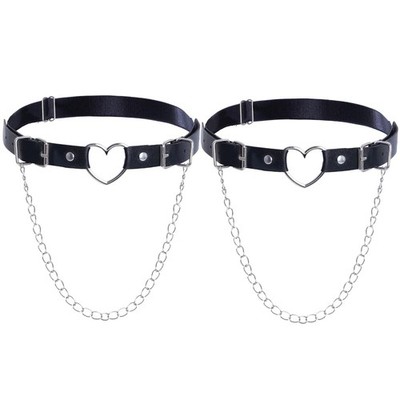 2PCS Women Leather Leg Garter with Chains Adjustable Gothic Heart Thigh Belt
