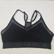 Victorias Secret Pink Sport Black Velvet And Mesh Bralette Lightly Lined Lg