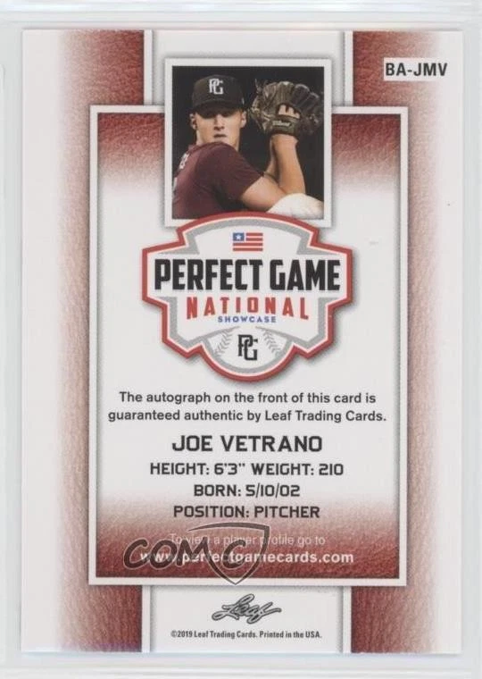 2019 Leaf Perfect Game National Showcase Green /10 Joe Vetrano #BA-JMV Auto - Image 2 of 2