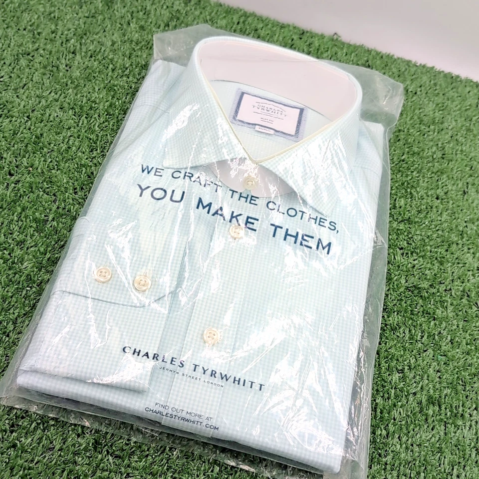Camisa de vestir Charles Tyrwhitt para hombre XL azul blanco a cuadros sin hierro calce ajustado - 17/36 Foto 2 de 4