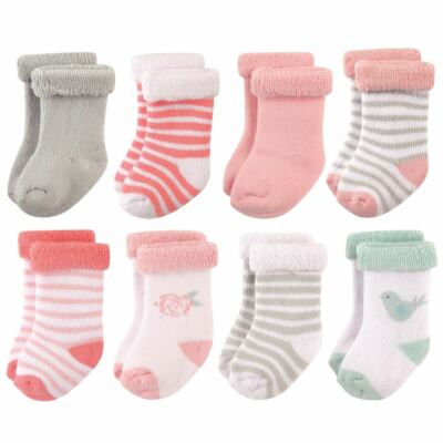 Hudson Baby Rolled Cuff Crew Socks, 8-Pack, Bird & Rose