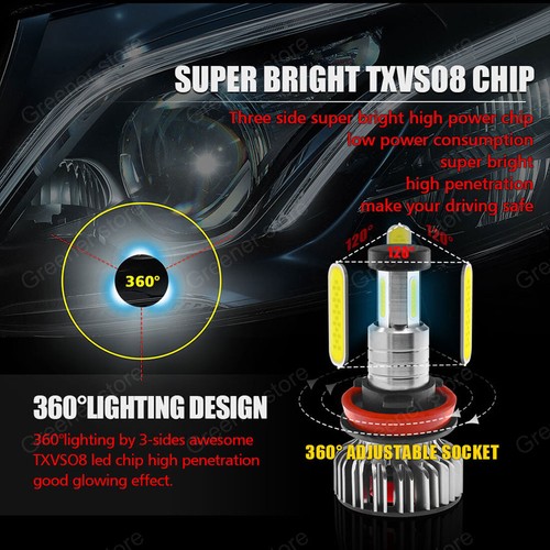3 Sides 55W 360° H8 H9 H11 Car LED Headlight 12V 6000K Lamps Bulbs White 30000LM - Picture 2 of 12