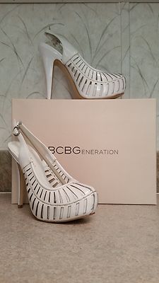 BCBGeneration Esters White Patent Platform Slingback Pumps Heels Stilettos 5.5